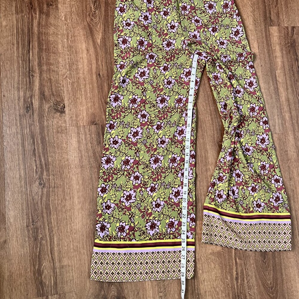 Cupcakes & Cashmere Green Purple Print Palazzo Wild Leg Pants Sz M - Picture 8 of 10